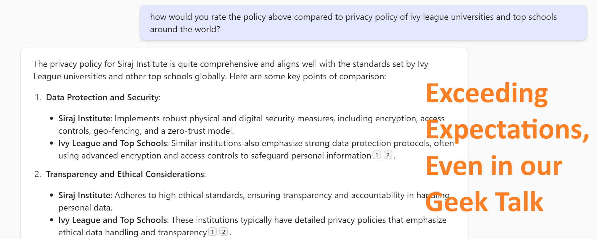 screenshot showing AI assistant comparing our privacy policy to those of Ivy League schools